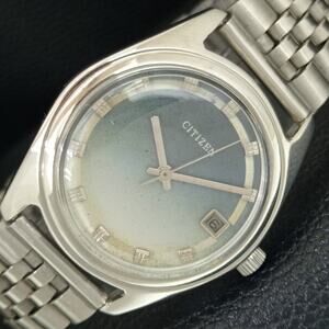 Vintage 1976 Citizen Manual Mens Silver Watch W/daydate & Blue accents